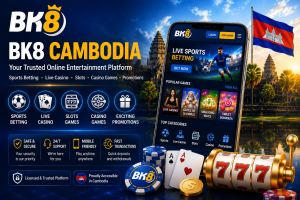 BK8 Cambodia promotional banner featuring sports betting, live casino, online slots, casino games, promotions, a mobile interface, Cambodian flag, and Angkor Wat background.