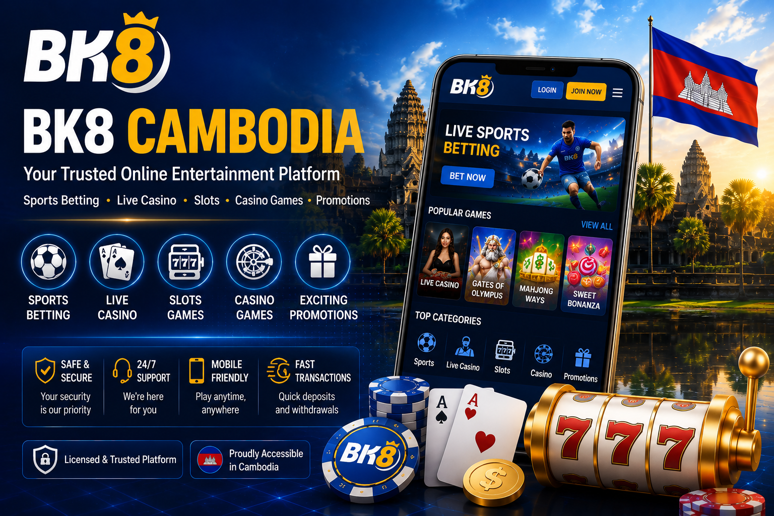 BK8 Cambodia promotional banner featuring sports betting, live casino, online slots, casino games, promotions, a mobile interface, Cambodian flag, and Angkor Wat background.