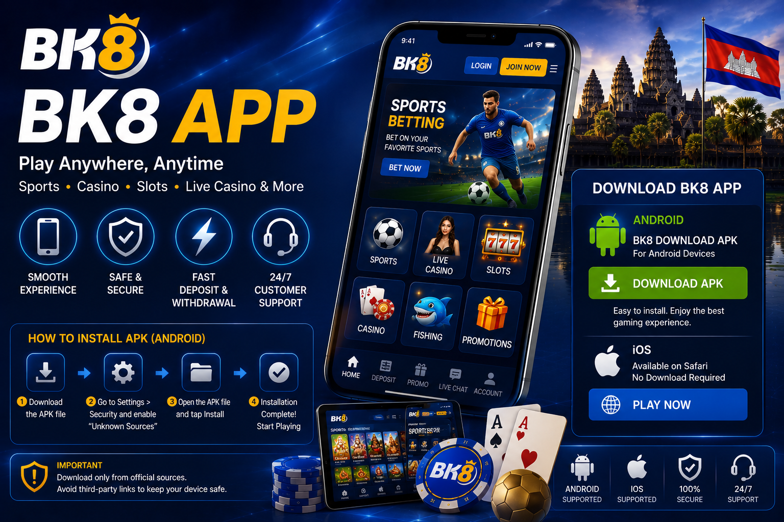 BK8 App promotional banner featuring BK8 Download APK for Android, mobile casino and sports betting interface, iOS access, installation steps, Cambodia-themed background, and mobile security features.